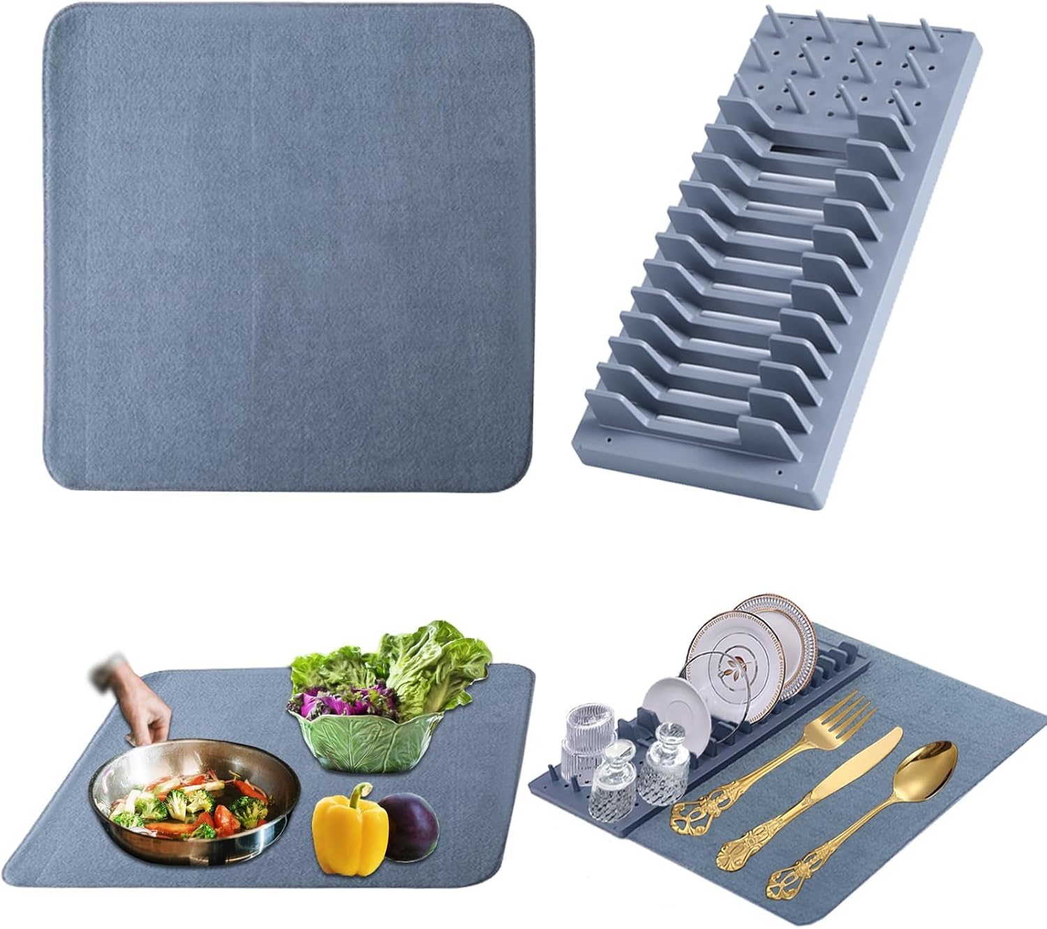 2 in 1 Dish Drying Rack for Kitchen Counter with Matt Over The Sink, 18"*19", Grey