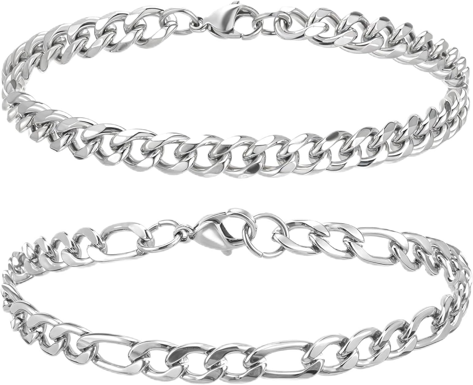 Chain Bracelet for Men 2 Pcs Silver Plated Figaro Rope Cuban Link Bracelet Set Stainless Steel Bracelets Mens Waterproof Metal Chain Bracelets Jewelry for Men Dad Husband Boyfriend