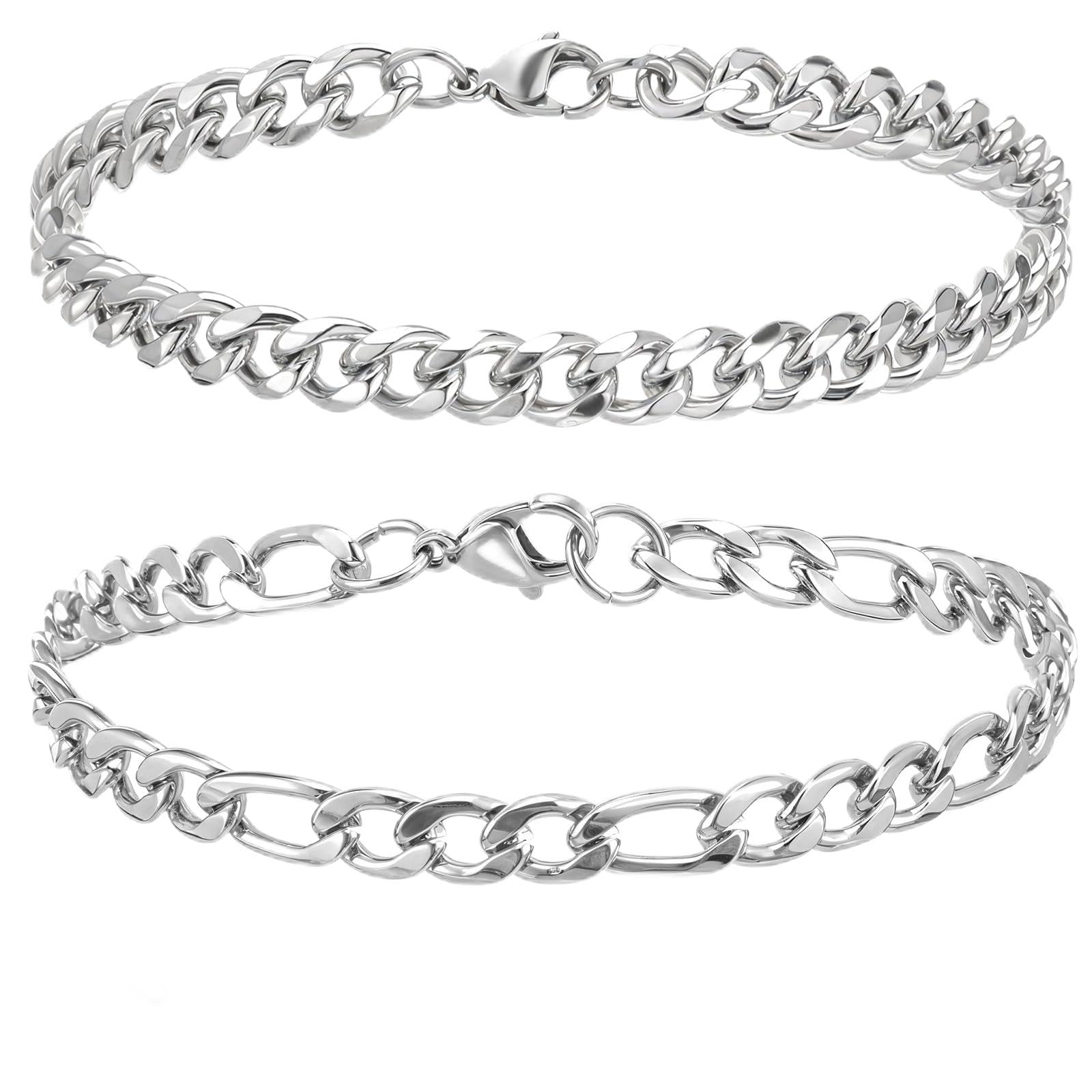 Chain Bracelet for Men 2 Pcs Silver Plated Figaro Rope Cuban Link Bracelet Set Stainless Steel Bracelets Mens Waterproof Metal Chain Bracelets Jewelry for Men Dad Husband Boyfriend