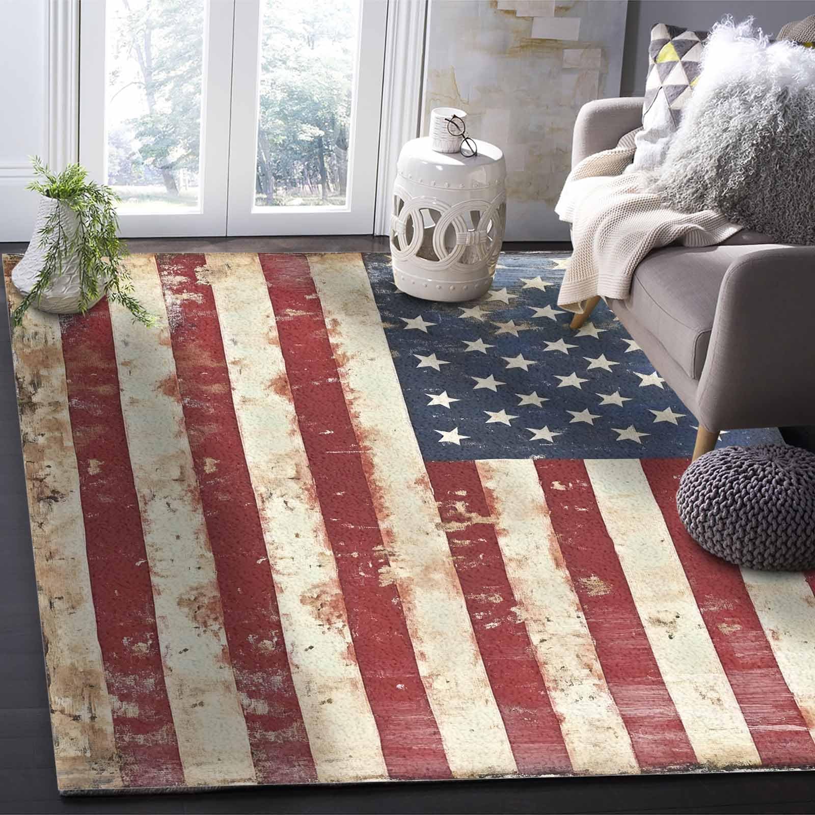 3'x5' Area Rugs Living Room Rug Shabby Chic American Flag Washable Soft Fluffy Large Rug Vintage Stripes and Stars Non-Slip Floor Carpet for Bedroom Home Decor