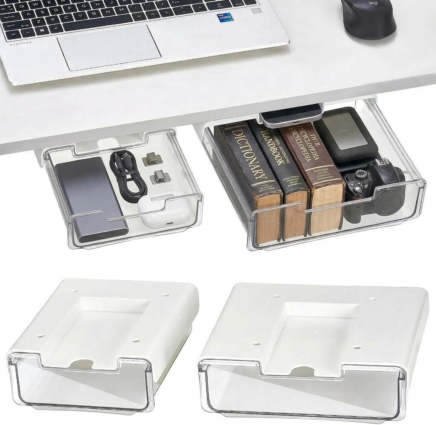 2 Pack Under Desk Hanging Drawer Slide Pull Out, Attachable Clear Acrylic Storage Tray, Easy Hidden Self Adhesive Mount Cabinet Shelf Holder for Tables, Home & Office, Counters, Workstation
