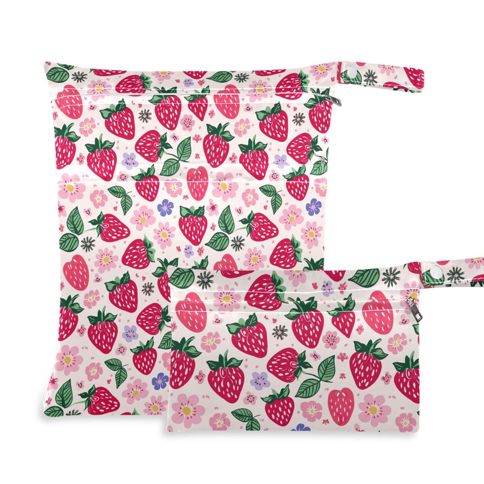 Coikll Wet Dry Bags for Cloth Diaper 2 Pack Waterproof Yoga Gym Bag for Swimsuit Wet Clothes Baby Items-?Strawberry Flowers?