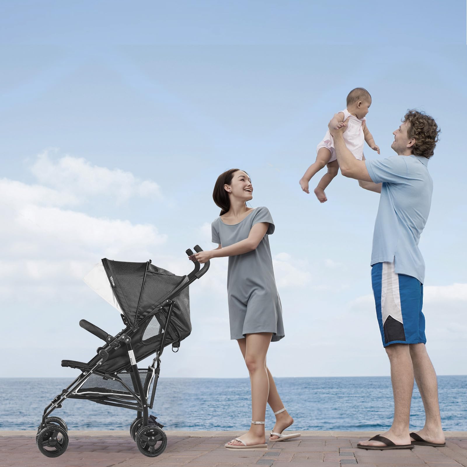 VEVOR Poussette légère pour bébé, poussette pour tout-petit compacte avec dossier inclinable multipositions, cadre en acier au carbone, grand panier de rangement, pour nouveau-né, voyage, noir blanc