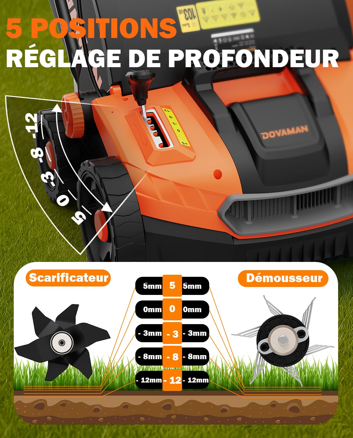 DOVAMAN DS16A 2-en-1 Scarificateur & Aérateur Électrique, 1500W, Largeur 40cm, 5 Profondeurs Réglables, Design Pliable, Bac 45L, Hauteur Réglable, Léger, Idéal pour Scarifier et Aérer