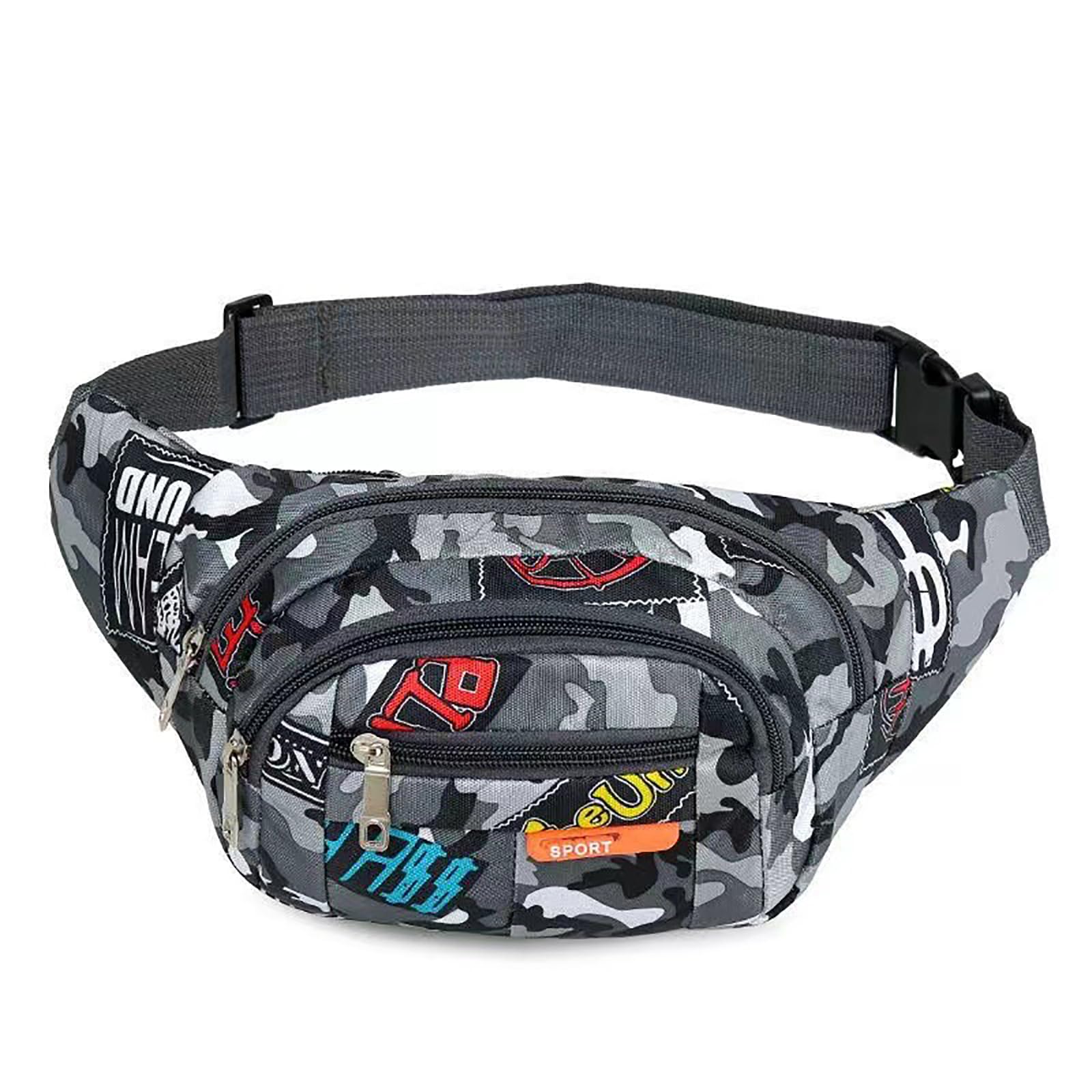 Heuptas Camo, grijze nylon heuptas voor dames en heren, 17 x 35 cm, heuptasje voor hardlopen, wandelen, reizen, sport, dagelijks gebruik, verstelbare riem, uniseks, heuptas voor buitenactiviteiten