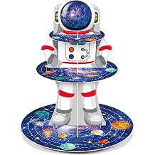 Zopeal Space Astronaut Cupcake Stand Space Themed Birthday Party Decorations 3 Tier Planet Cupcake Holder Cake Stand Decorations Galaxy Spaceman Dessert Tower for Space Shower Party Supplies