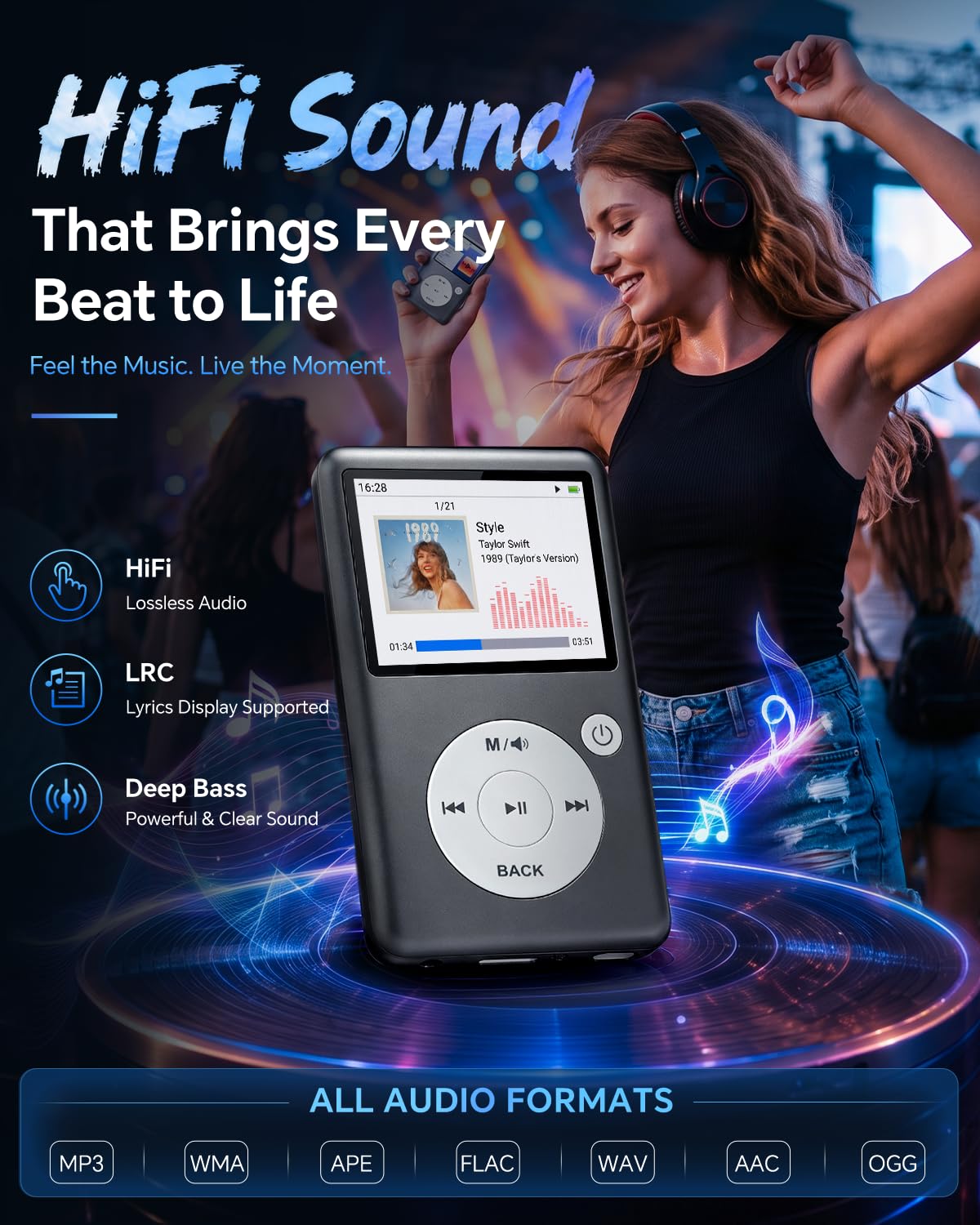 Lecteur MP3 Bluetooth 5.3 avec Radio FM, E-Book et Commandes tactiles