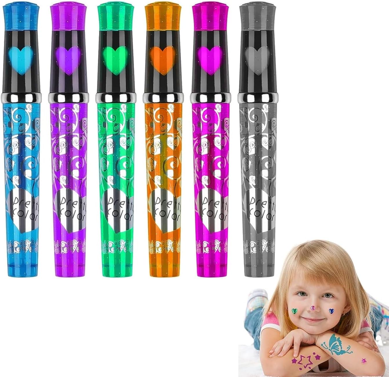 FunBlast Glitter Tattoos Pens for Kids – Tattoo Pens for Kids, Art Supplies Sparkle Temporary Sketch Pens for Children & Adults, 6 Colors Washable Tattoo Pens