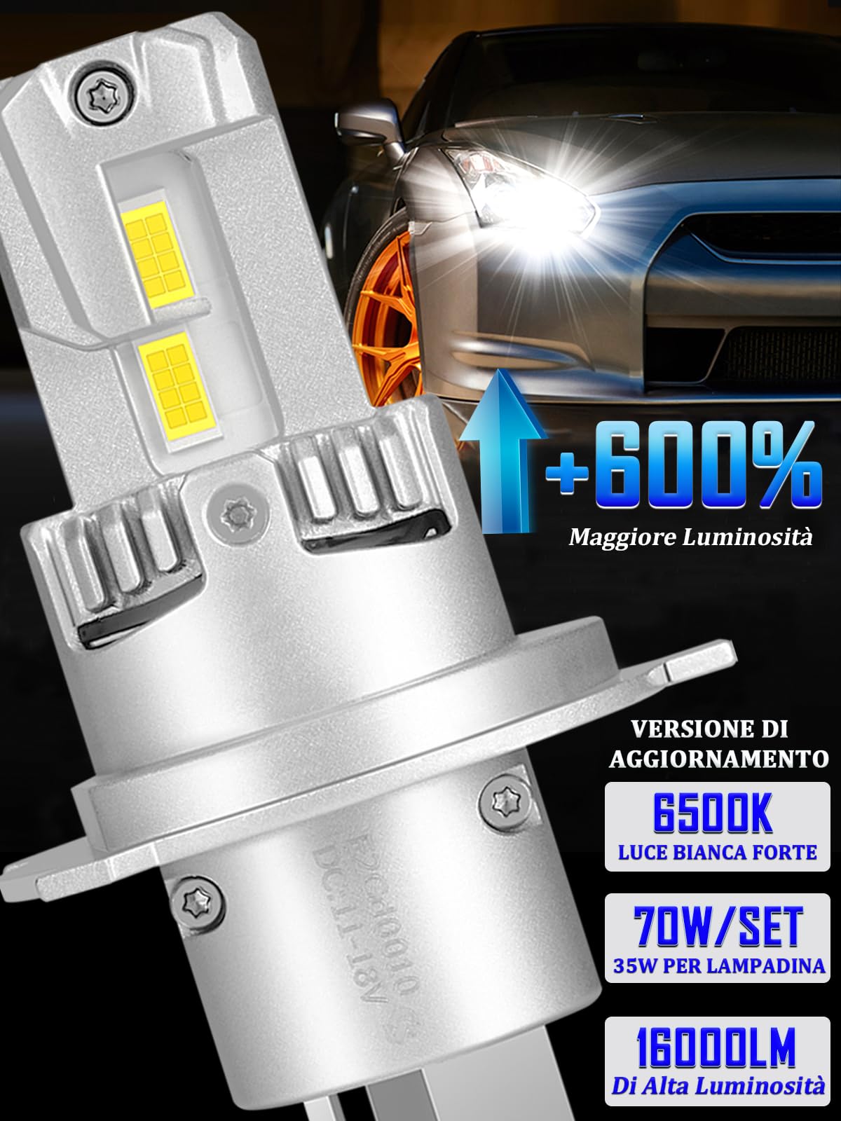XELORD Lampadina H4 LED 70W 16000LM,600% Più Luminoso delle Alogene,6500K Bianco Freddo,Plug and Play,Confezione da 2