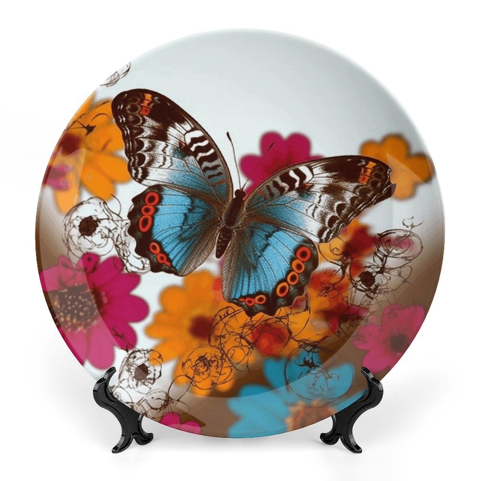 Platos de cerámica con estampado de flores y mariposas de porcelana con soporte