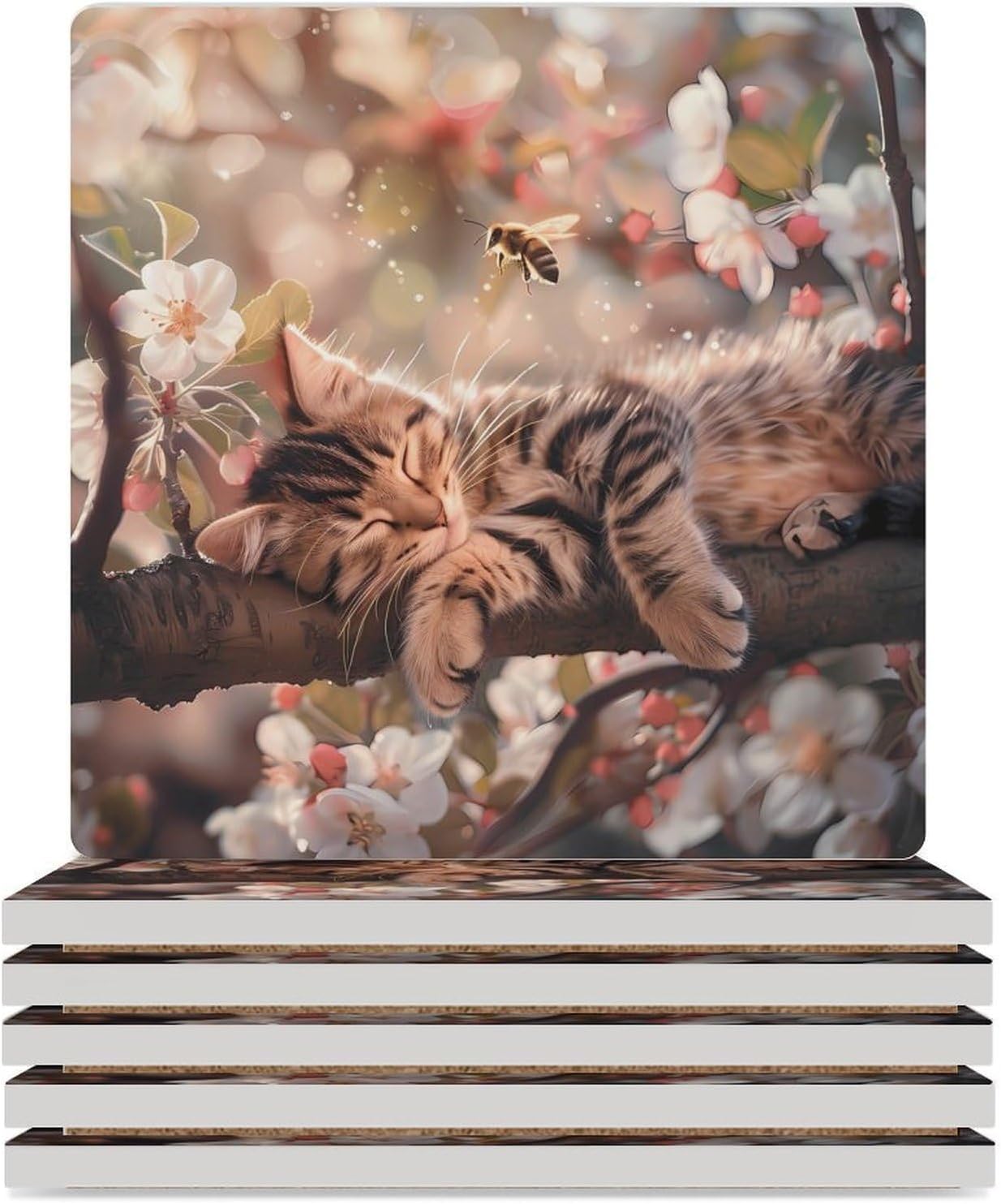 Cat Coaster for Drinks Square Ceramic Table Coasters Stone Mat Crafts 4PCS Home Kitchen Decor