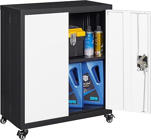 LUCYPAL Gabinete de almacenamiento de metal con ruedas, armario de almacenamiento de acero con cerradura con 1 estante ajustable, gabinete de