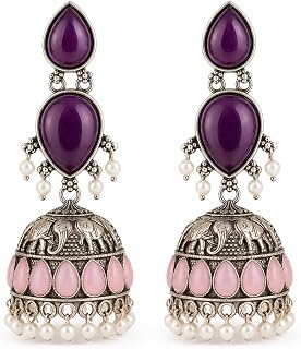 Oxidised Jhumka Earrings for Women, Purple & Pink Stone Traditional Jhumki Earrings with Elephant Design and Pearl Beads, Silver-Toned Ethnic Drop Earrings for Women & Girls