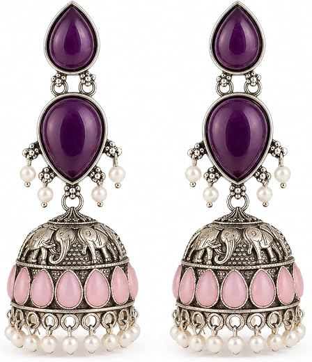 HRB PRODUCTS Oxidised Jhumka Earrings for Women, Purple &amp; Pink Stone Traditional Jhumki Earrings with Elephant Design and ...