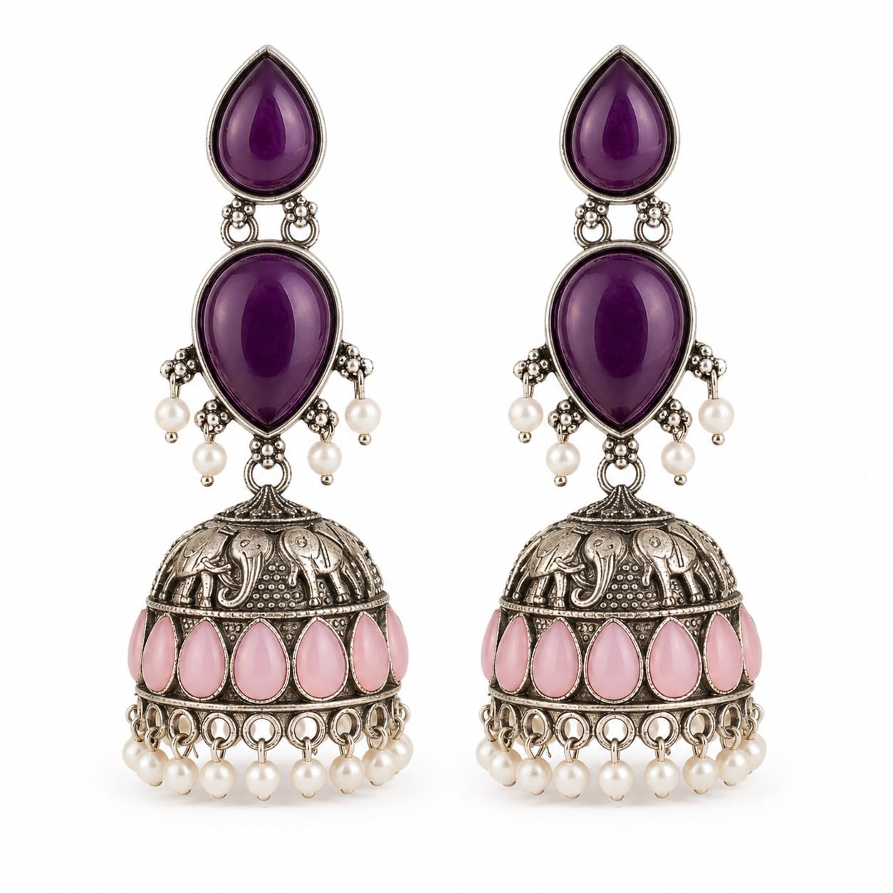 hrb products Oxidised Silver Jhumka Earrings with Purple Stones, Pink Teardrop Accents and Pearl Drops-picture-16