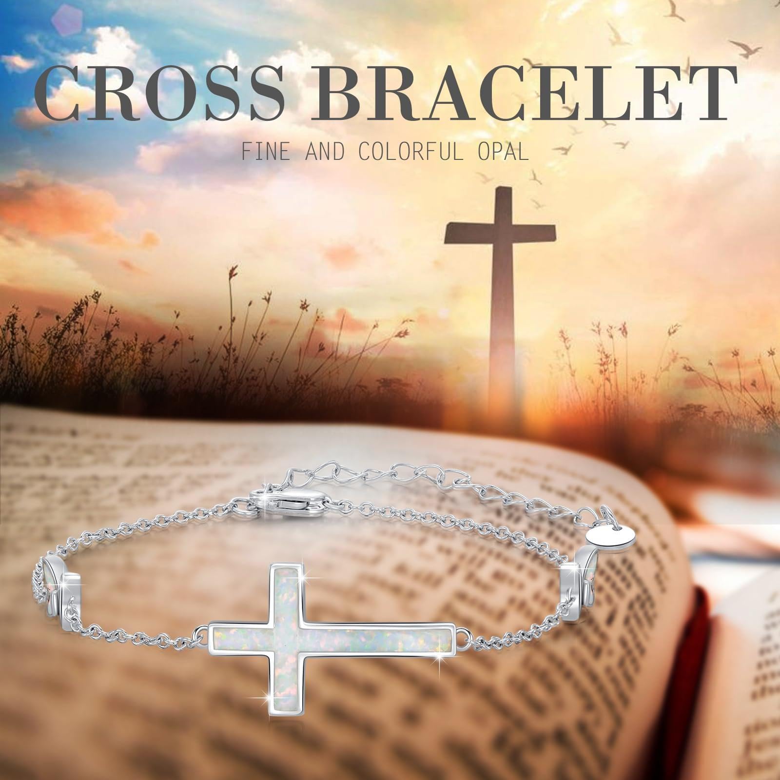 Bracciale da donna con croce in argento sterling 925, con opale e croce, ideale come regalo per donne, mogli, mamme, nonne, 17.8+5cm, Argento sterling, Opale