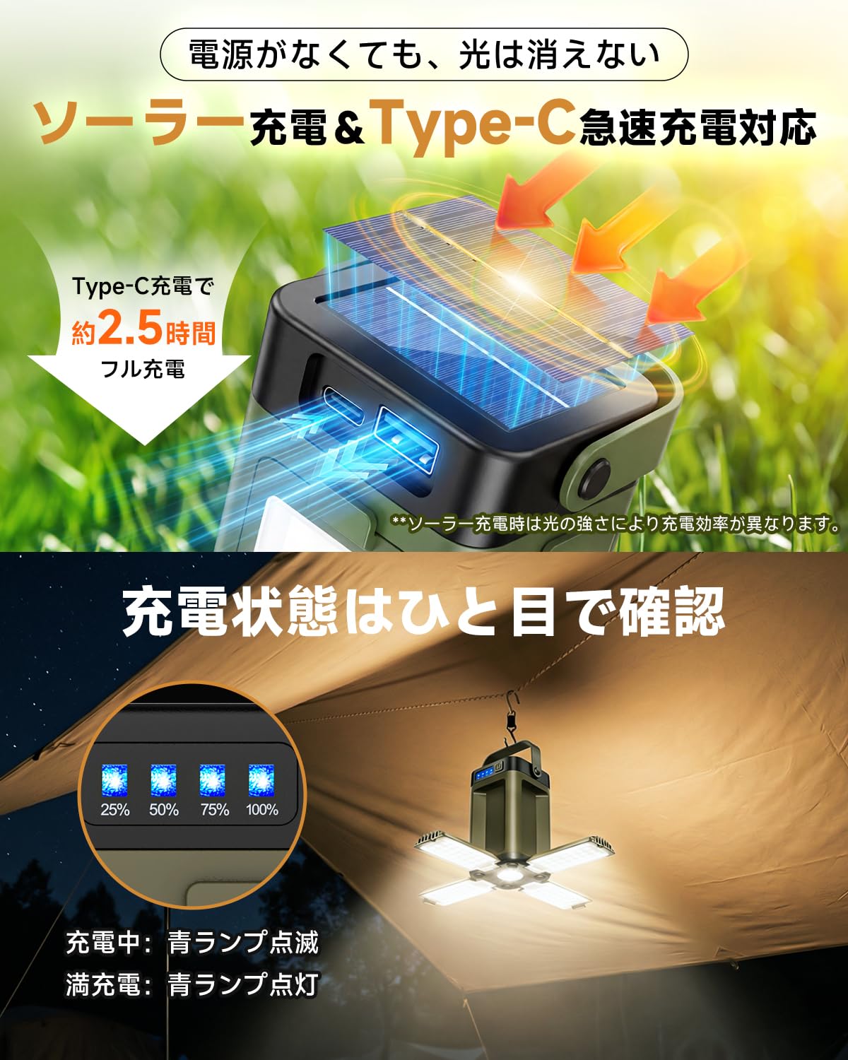 LED ランタン 充電式 2400ルーメン 【2026新生活・ソーラー&USB充電式・超高輝度・5面照射】 キャンプランタン 6000mAh大容量 モバイルバッテリー機能 7つ照明モード 360°照明 IPX6防水 軽量 小型 懐中電灯 キャンプ ライト アウトドア 登山 夜釣り 車中泊 防災用品 アウトドア用品 (グリーン) - 3