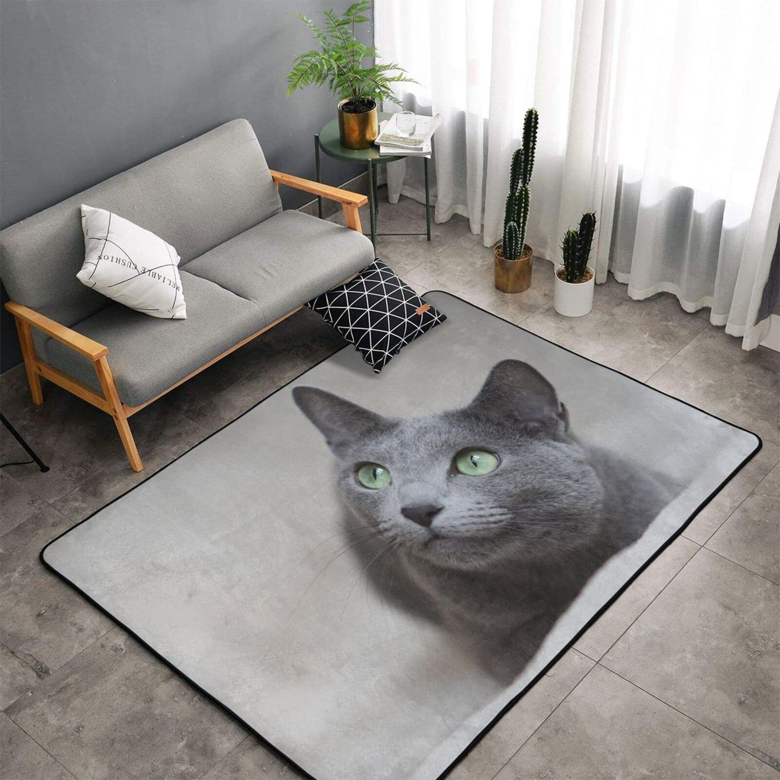 Amazon | ロシアンブルー 猫 猫柄 灰色 カーペット 長方形 ラグマット