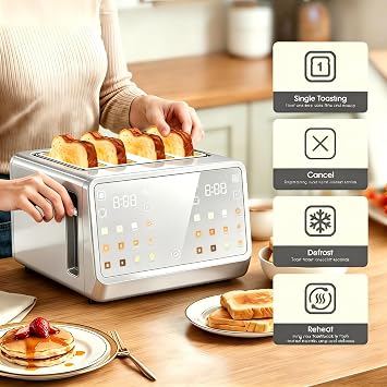 Touch Screen Toaster 4 Slice, DualZone Control, 6 Browning Levels & Toast Types,Single-Slice Mode, Stainless Steel, Removable Crumb Tray