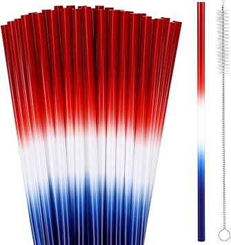 JANYUN 30 Pcs 4th of July Straws, Reusable Plastic Patriotic Straw