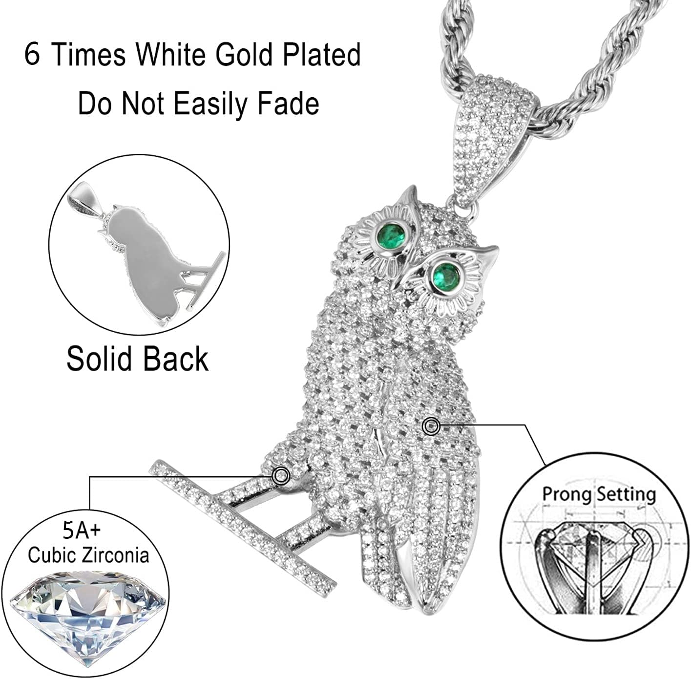 Full Iced Out Owl Pendant 18K Gold/White Gold Plated Hip Hop Fashion Simulated Diamond CZ Pendant with Stainless Steel Rope Chain Necklace for Men Women - Image 2