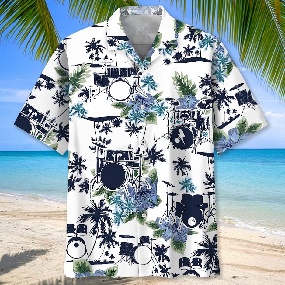 Hawaiian Drum Shirt Men Short Sleeve Drummer Button Down Shirt - Vintage Drum Shirts for Men2