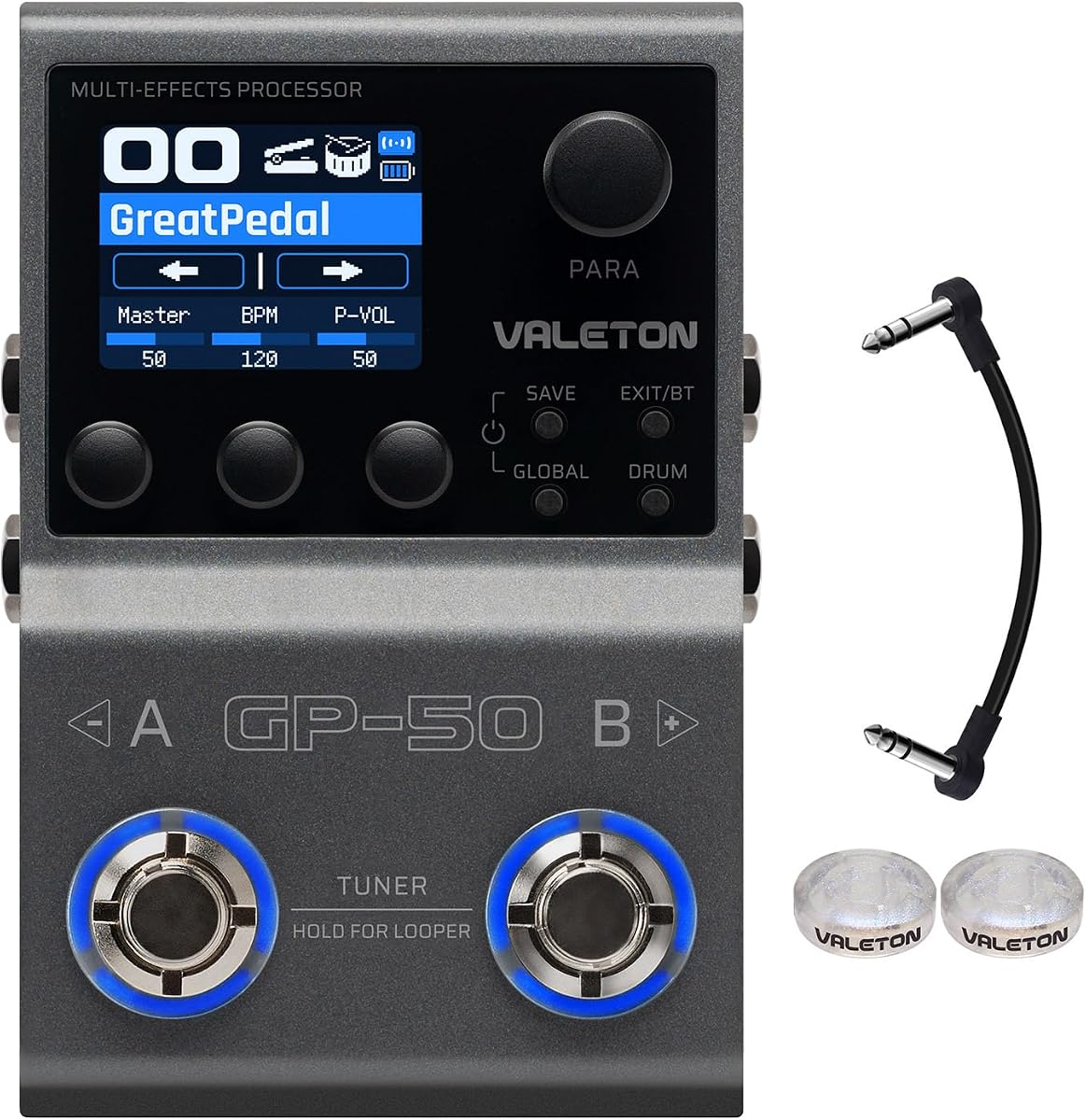 Valeton GP-50 Multi-Effects Processor | NAM & IR Loader with 100+ HD Effects, 9 Simultaneous Modules, BT App Control, 100 Patch Slots for Guitar/Bass(Plus 1 Additional 15CM TRS Cable By Volktone)