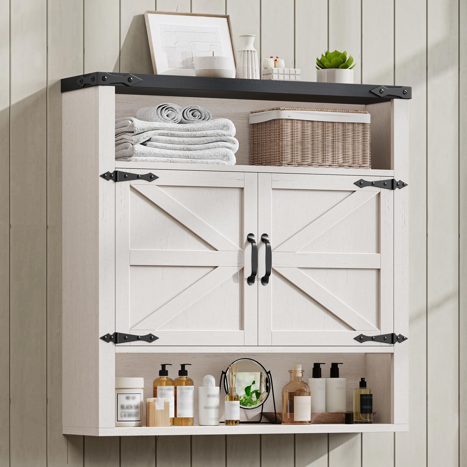 Bathroom Wall Cabinet, Farmhouse Medicine Cabinet with Adjustable Shelves and 2 Barn Doors, Wall Mounted Over the Toilet Storage Cabinet for Bathroom, Laundry Room, Kitchen, Rustic White and Black