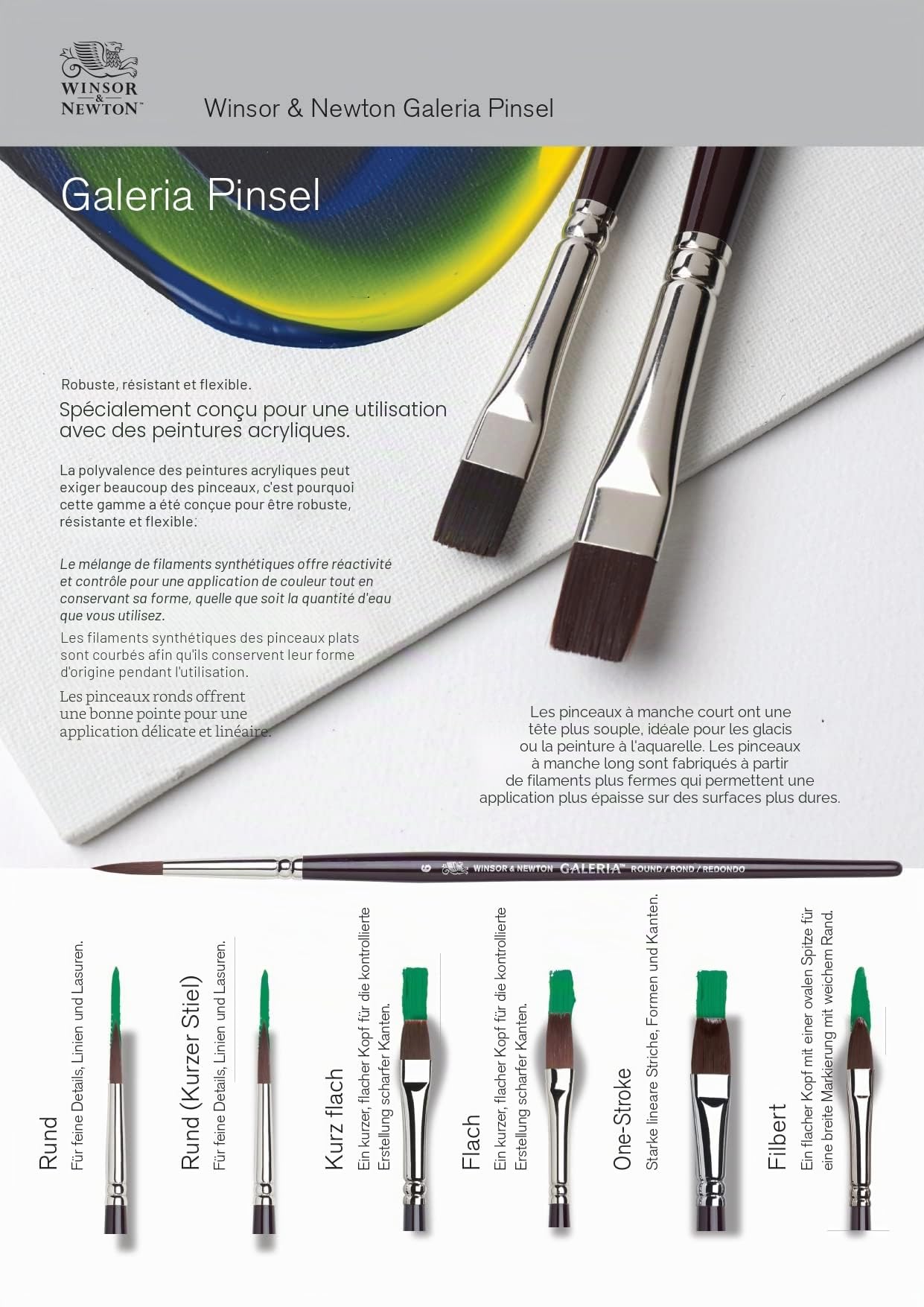 Winsor & Newton Galeria Pinceau Manche Court x4