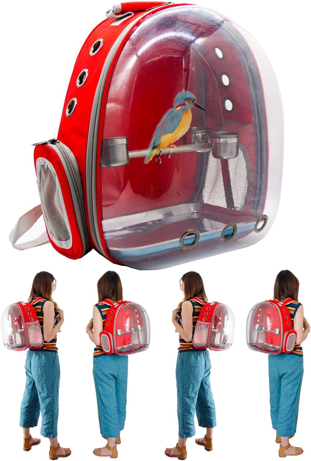 Bird Small Parrot Carrier - 360°Sightseeing Bird Space Capsule Parrot Travel Backpack with Stainless Steel Stand Perch and Cups for Travel Outdoor Activity (Red)