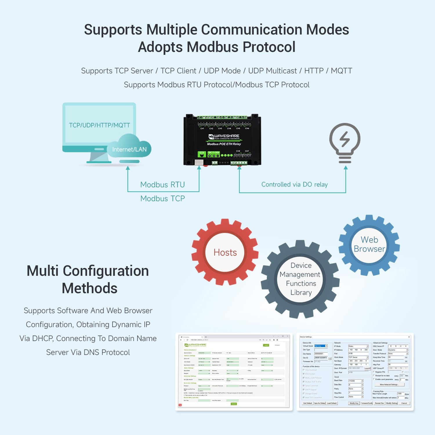 KLAYERS 8-Channel Ethernet-Controlled Relay Module for Industrial Use, Modbus RTU/Modbus TCP Protocol, PoE Power Supply, ABS DIN Rail Enclosure, Secure for High-Performance Control Systems