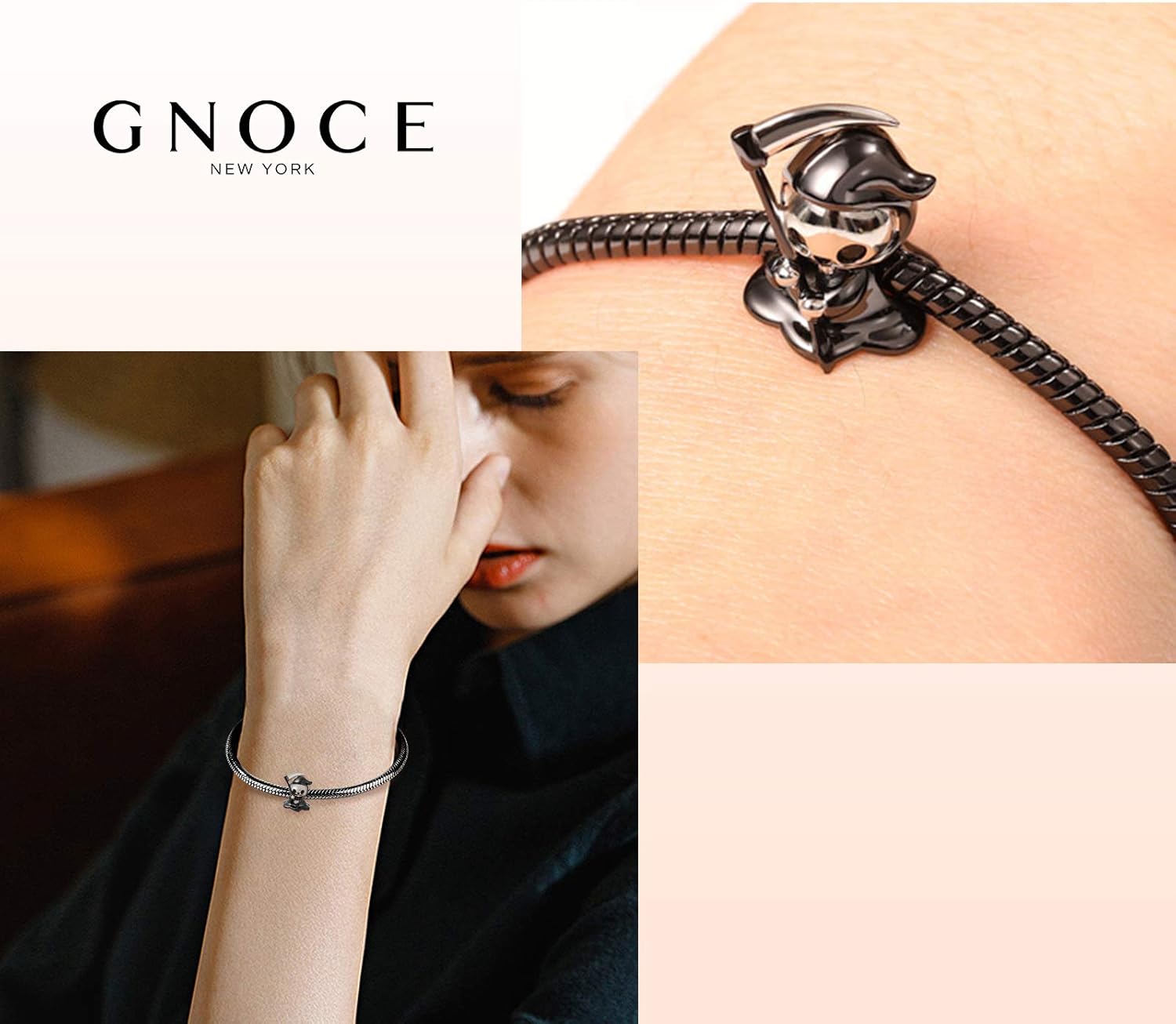 GNOCE Little Ghost Charm Bead Sterling Silver Black Plated Charm Fit Bracelet/Necklace For Women Wife