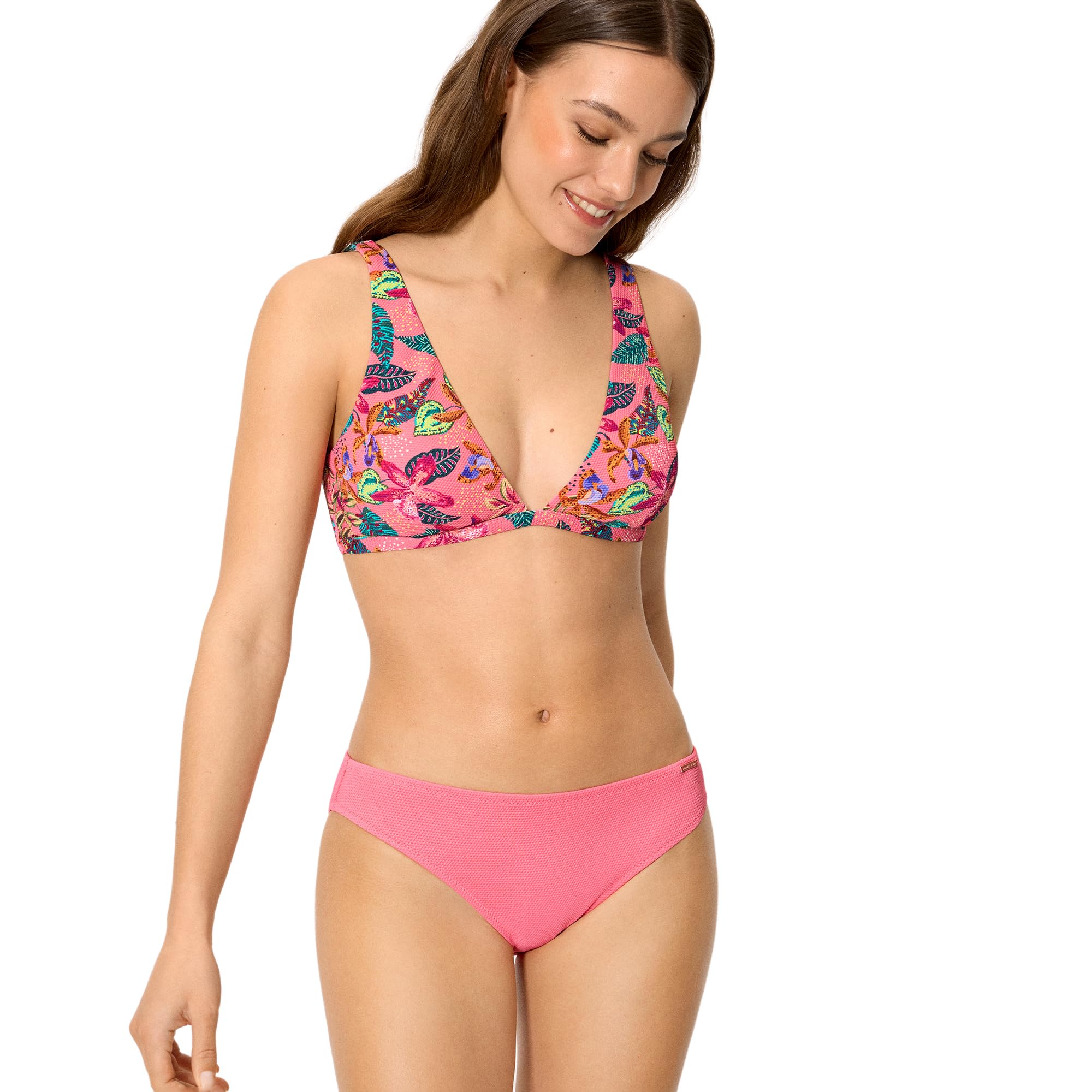 YSABEL MORA. Conjunto de Bikini Top Triángulo Piqué Estampado Tropical Copa B. Sin Aro con Relleno Extraíble para Comodidad y Forma Natural.Colección Lavender.