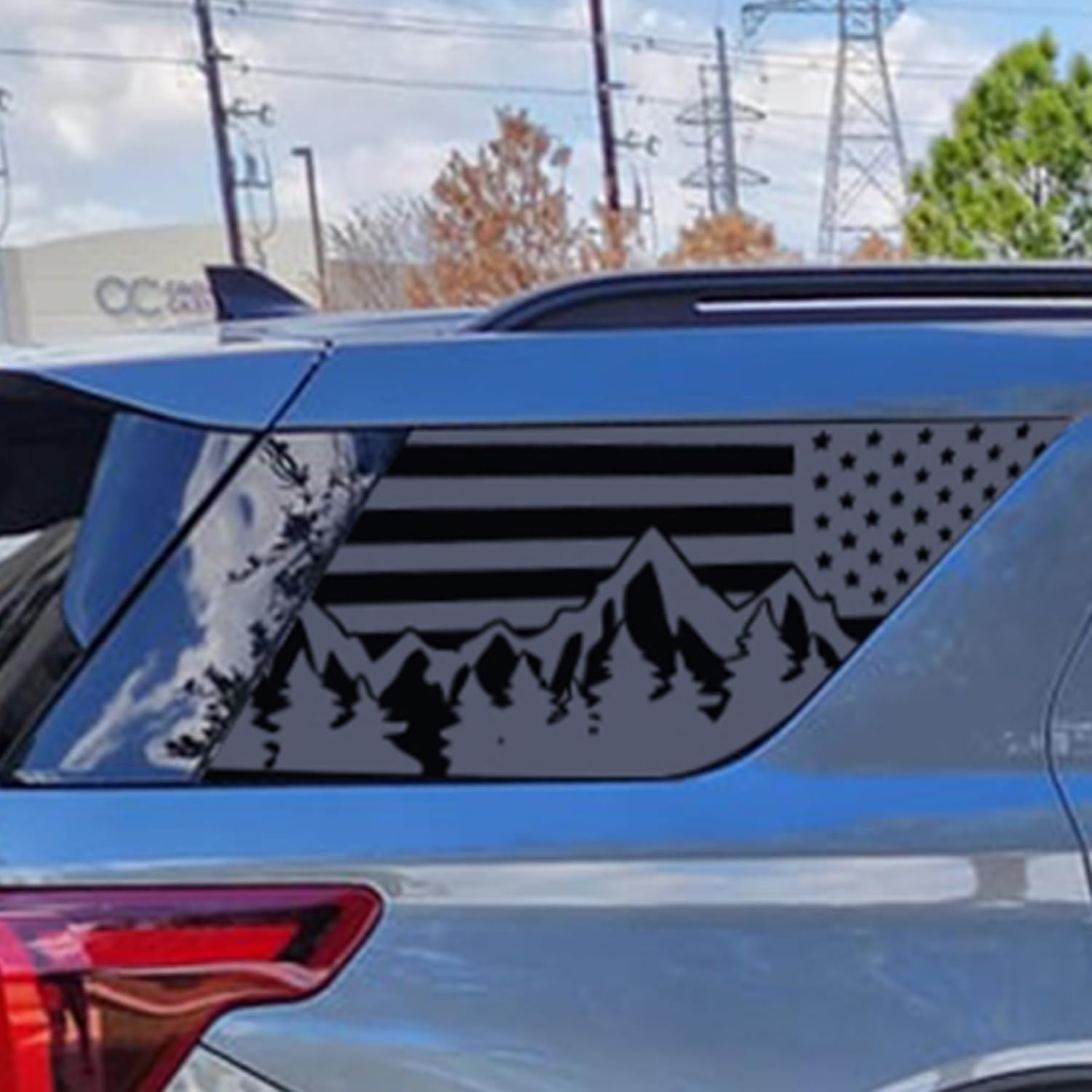 for Ford Explorer 2020-2025 Rear Side Window American Flag Mountain Decal, Matte Black Vinyl USA Forest Tree Graphic Stickers, Patriotic Truck Accessories, Outdoor Off-Road SUV Decor