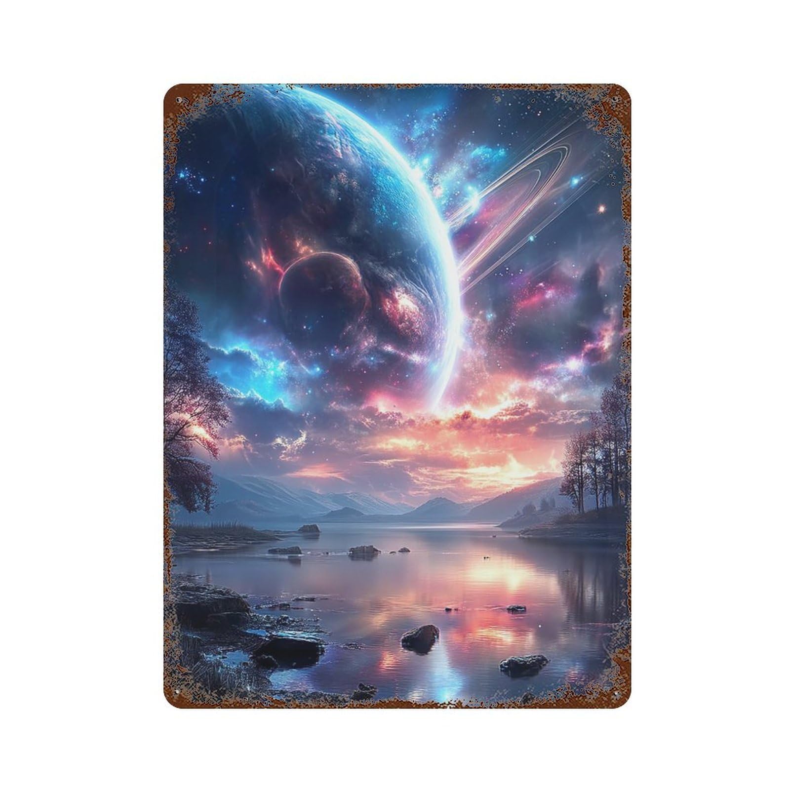 Garage Style Galactic Reflections Celestial Lake Scene Distressed Metal Wall Sign 15.7"x11.8", Shabby Chic Decor for Bar And Workshop