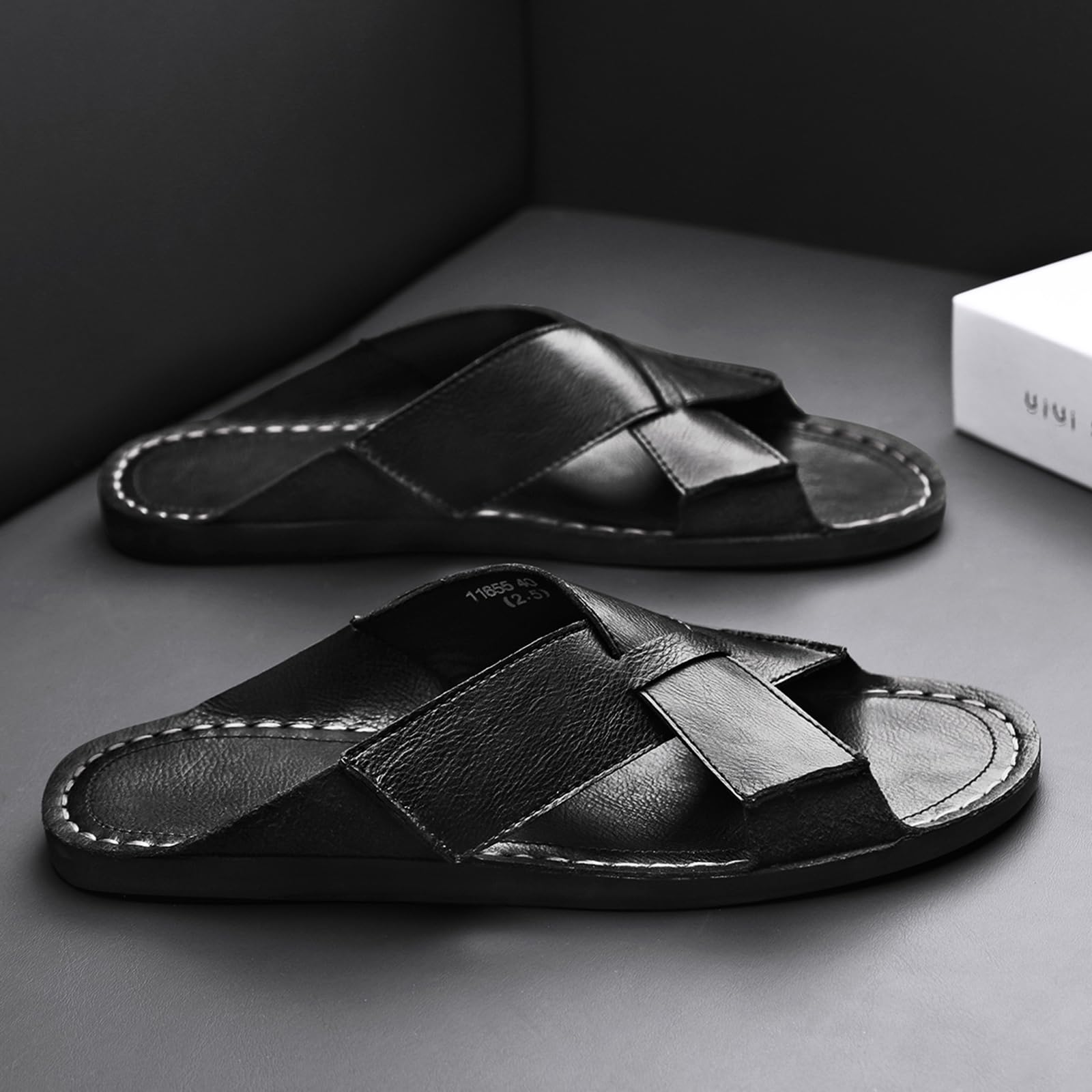 Sandalias de piel auténtica para hombre, cómodas, ligeras, abiertas, redondas, sin cordones, para exteriores, caminar, sandalias casuales de playa, Negro, 46 EU