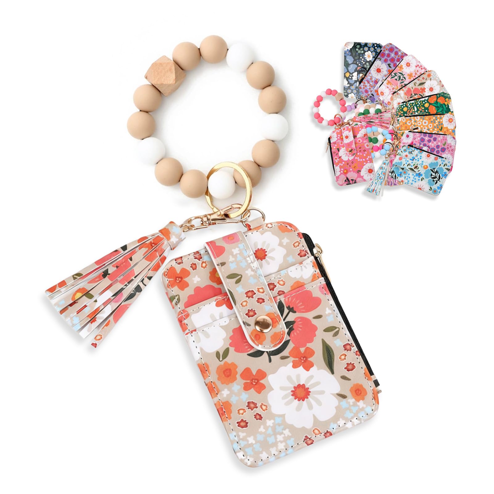 Angyape Women Boho Beaded Wallet Keychain Wristlet Wallet for Women Tassel Silicone Keychain Card Holder Small Purse Gifts