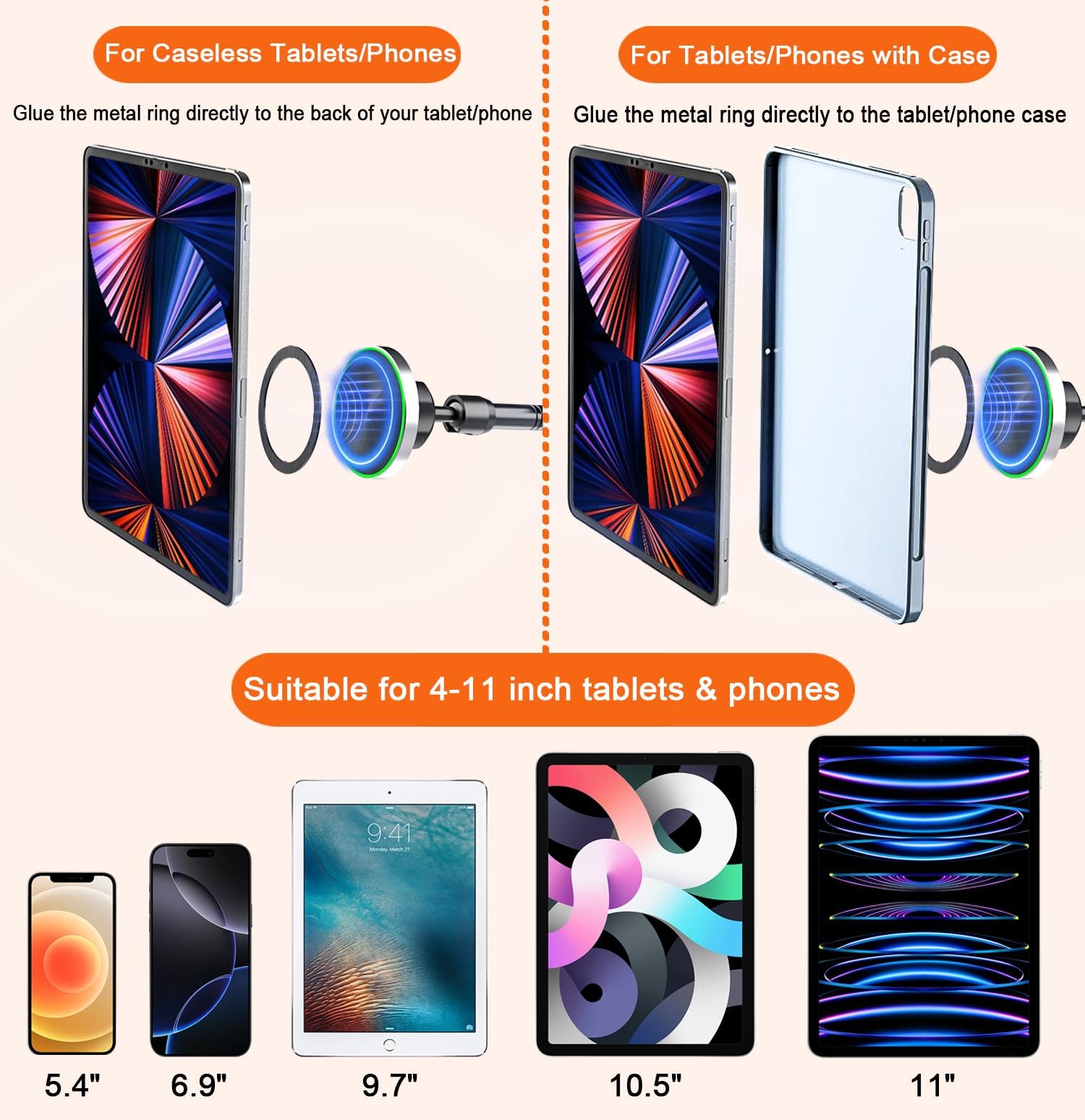 Supporto Magnetico Tablet Auto [Braccio Metallico Regolabile] Cruscotto Parabrezza Supporto Tablet Auto Ventosa Grande per iPad, Galaxy Tab, Kindle, Fire, iPhone, 4-11" Telefonos Tablets