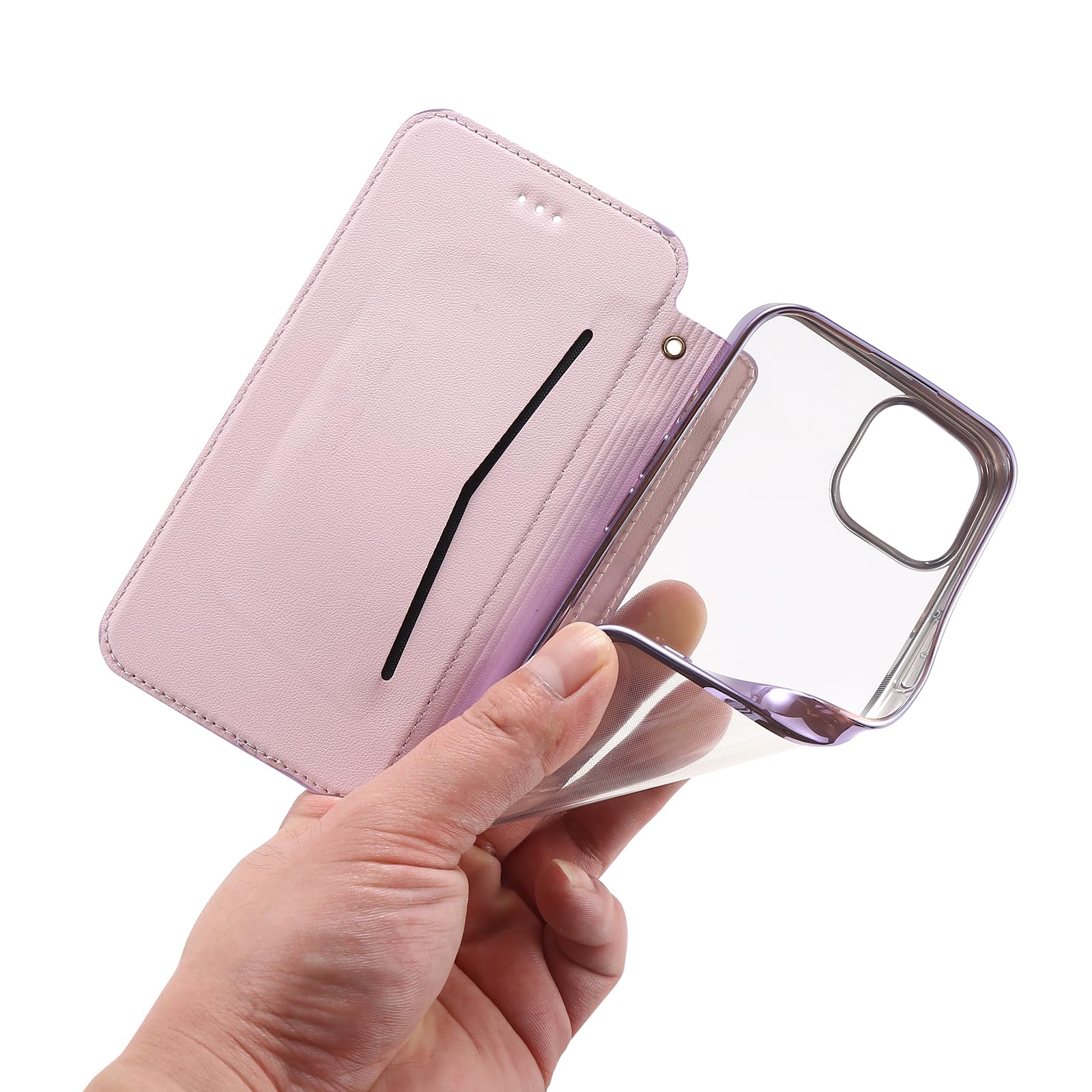 iPhone 14pro手帳型 ローズピンクかわいいミラー付きマグネット 【公式