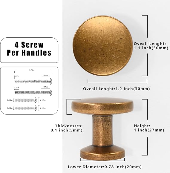 10 Pack Antique Brass Cabinet Knobs 1-1/5 Inch(30mm) Single Hole Cabinet Pulls Round Kitchen Cabinet Knobs Drawer Knobs Dresser Knobs