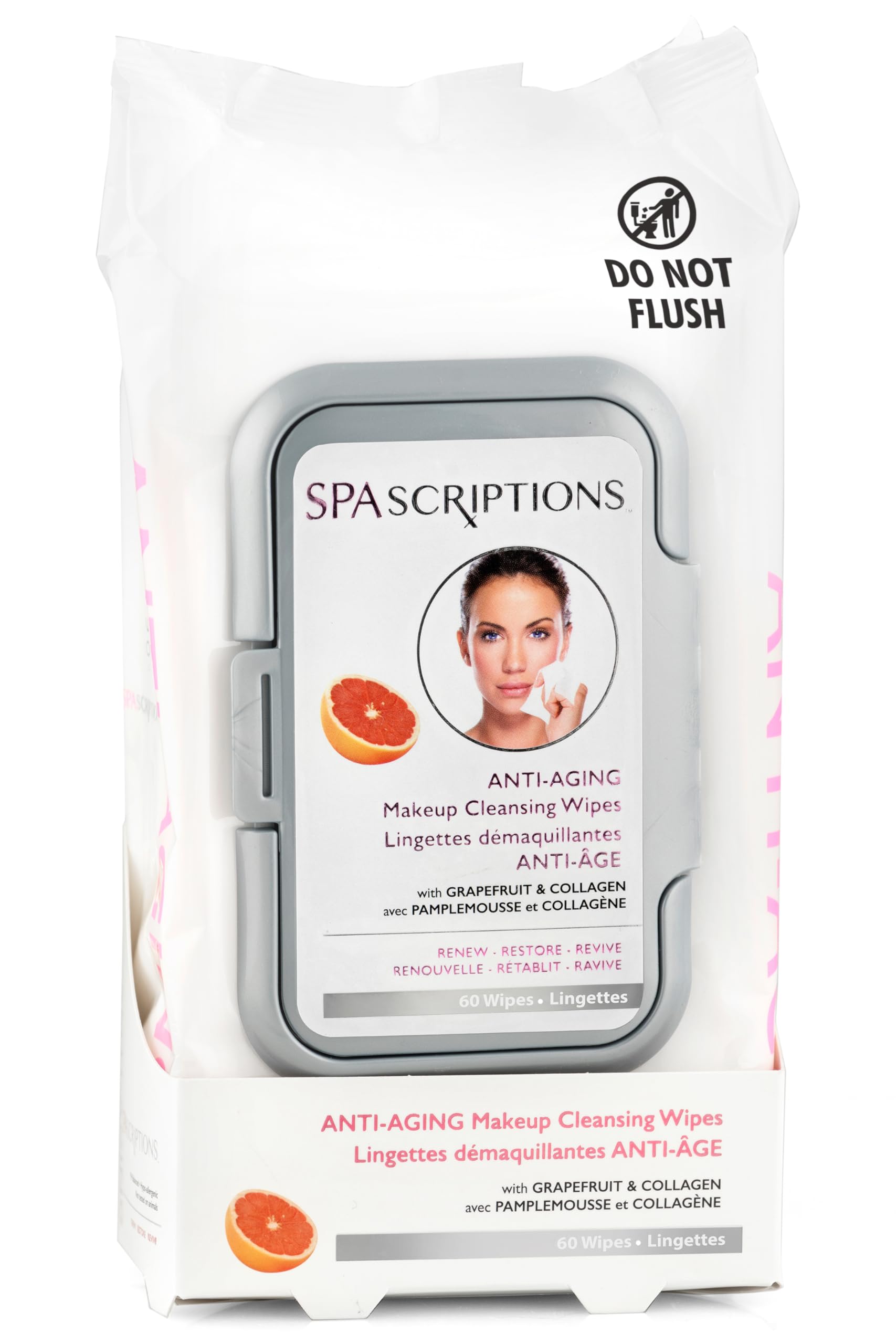 SpaScriptions Anti Aging Cleansing Facial Wipes - Hydrating & Firming Makeup Remover Wipes with Collagen & Grapefruit Extract For Brighter Skin, Daily Use Face Wipes For All Skin Types, 1-Pack (60ct)