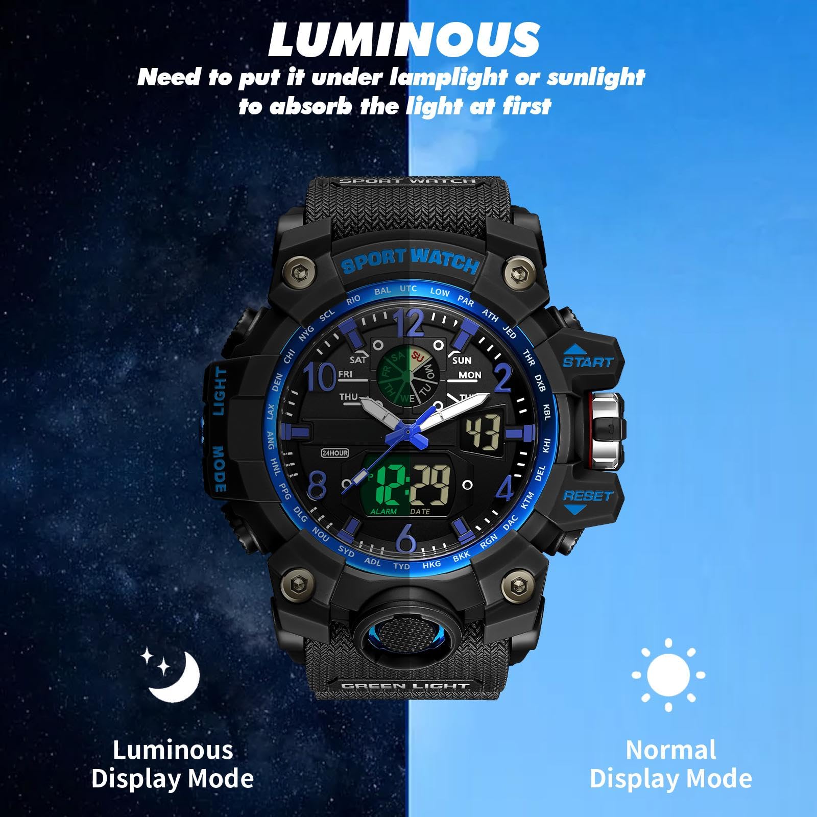 findtime Orologio militare, da uomo, digitale, sportivo, blu, verde, nero, orologio digitale, cronografo, da uomo, 5 ATM, impermeabile, militare, orologio tattico, per attività all'aperto, cronometro,