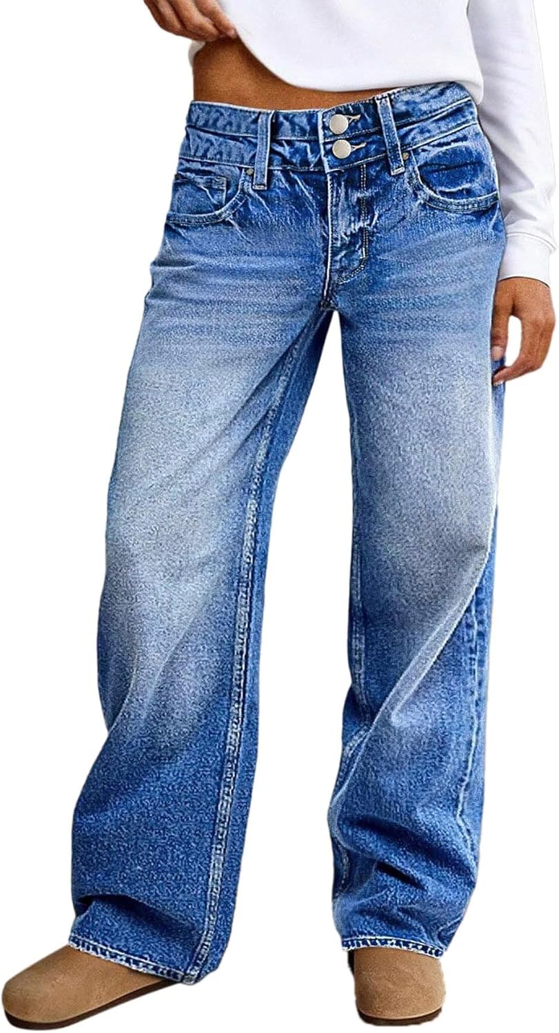 Flamingals Baggy Jeans for Women Straight Leg Mid Rise Stretchy Double Button Wash Casual Boyfriend Jeans Trendy