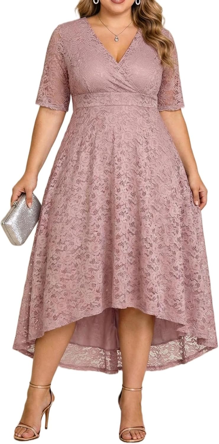 Plus Size Wedding Guest Dress - Lace Cocktail Formal Faux Wrap V Neck High Low Short Sleeve Party Maxi Dresses