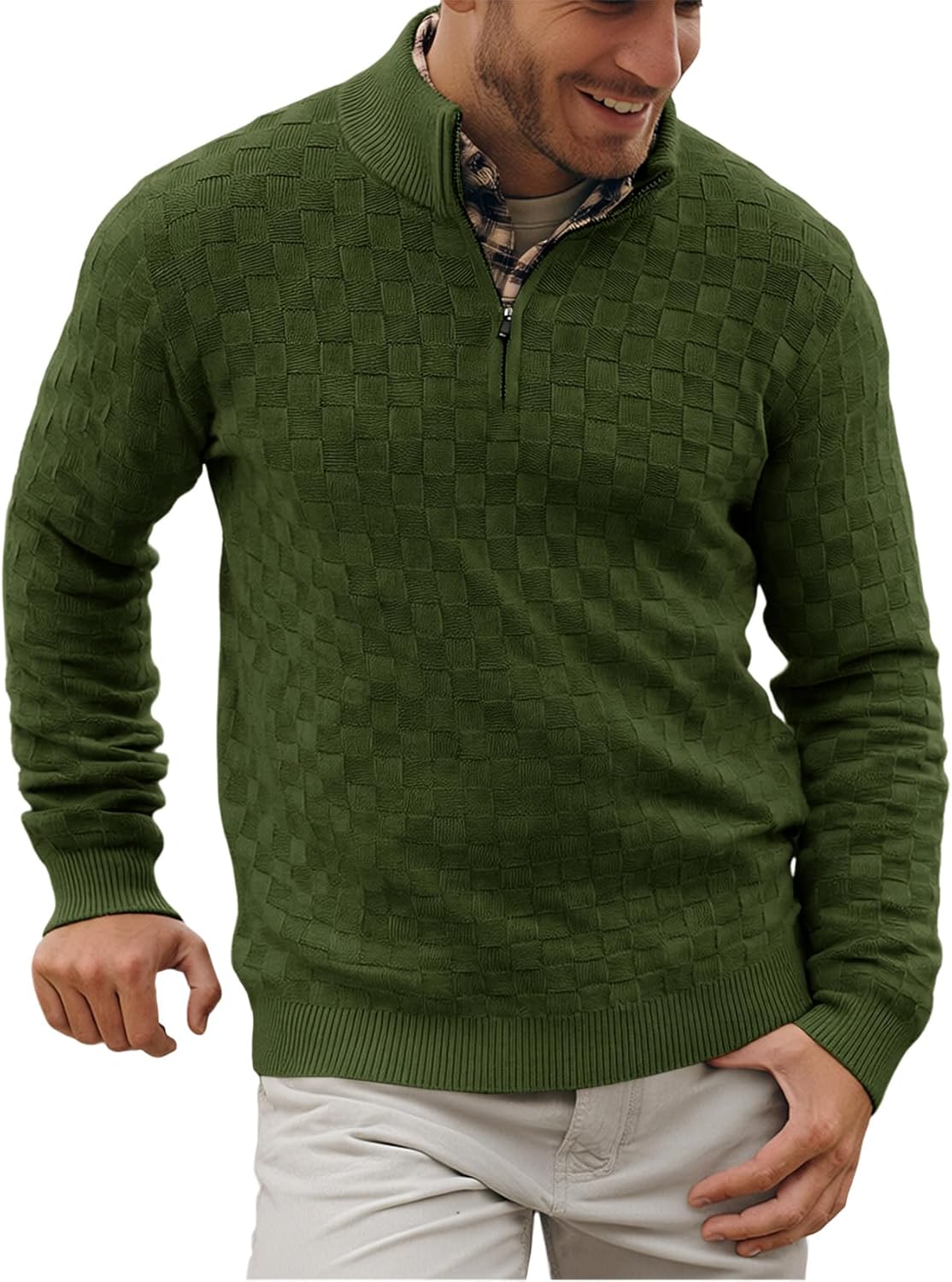 Runcati Mens Quarter Zip Pullover Sweater Casual Mock Neck Slim Fit Checkered Knitted Polo Sweaters