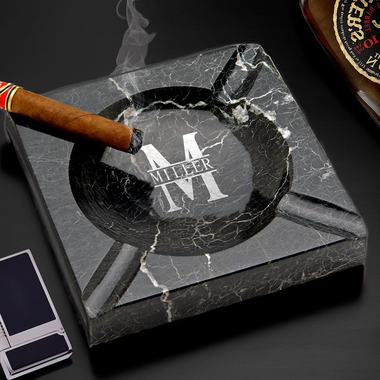Engraved Marble Cigar Ashtray, Black - Indoor or Outdoor Custom Cigar Ashtray