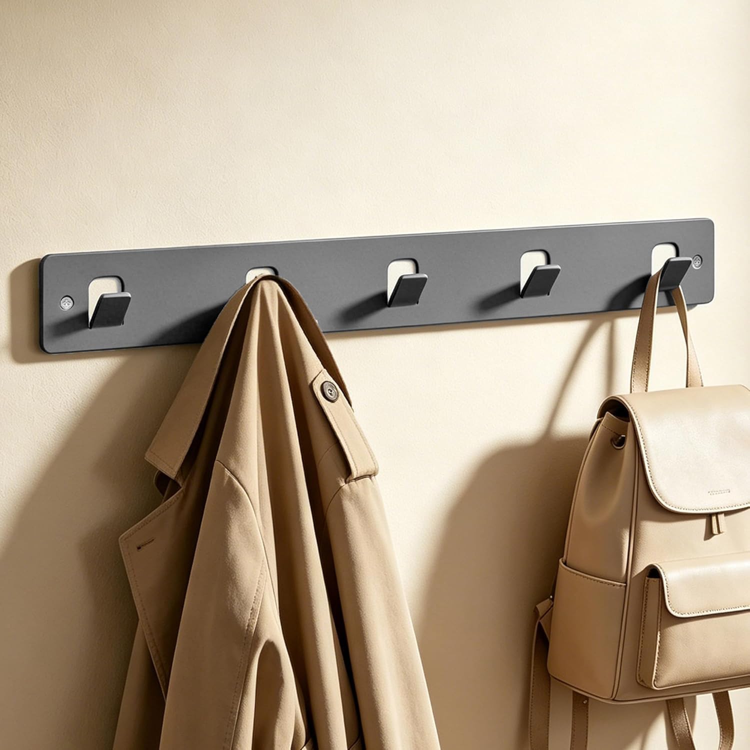 Mai & Mai Grey Coat Hooks Wall Mounted, Coat Rack With 5 Hooks, Drill/No Drill