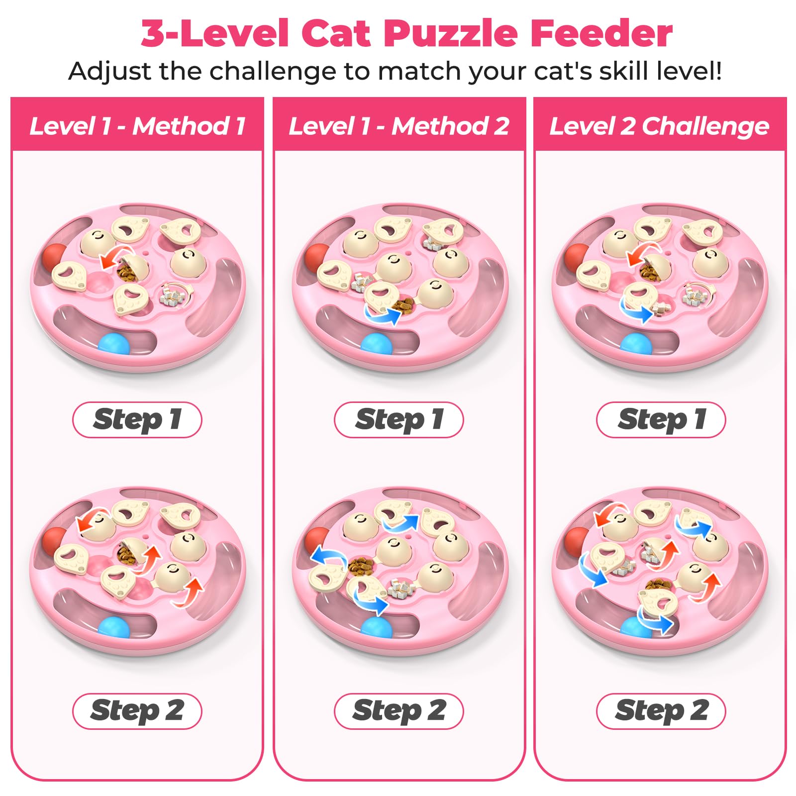 Juguetes y juegos de rompecabezas para gatos, nivel 3 en 1 con bolas de seguimiento, juguete de plumas y alimentador de golosinas, base antideslizante, par de enriquecimiento de estimulación