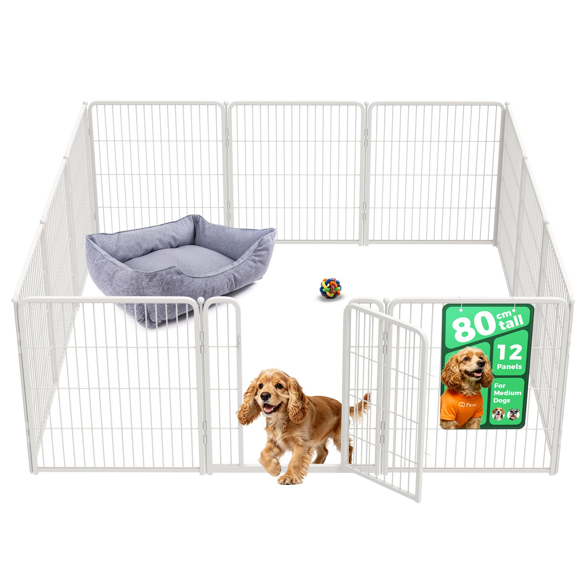 fxw Homeplus Unleashed Indoor Dog Playpen - Stress-Free and Safe Play, Heavy Duty 80cm Height 12 Panels Dog Pen for Small and Medium Dogs, White│Patent Pending