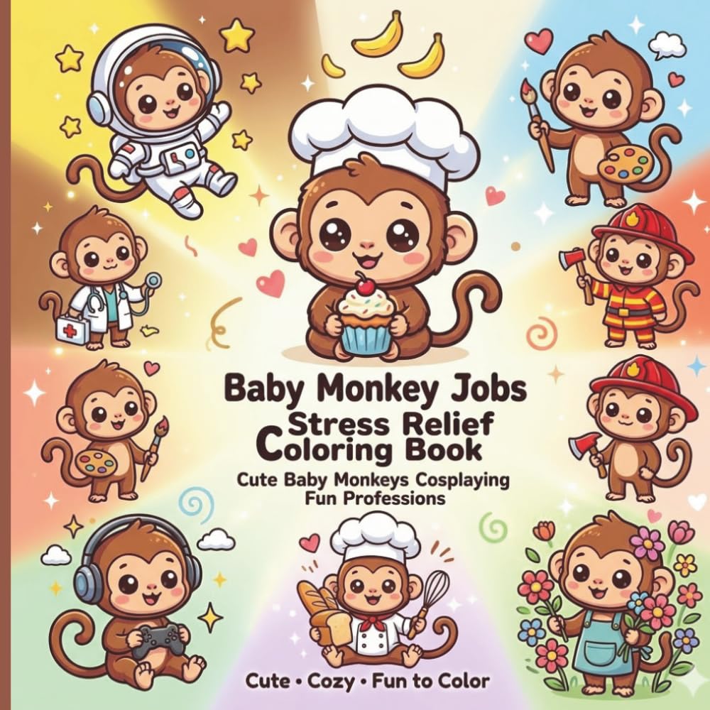 Baby Monkey Jobs Stress Relief Coloring Book: Cute Baby Monkeys Cosplaying Fun Professions & Cozy Careers